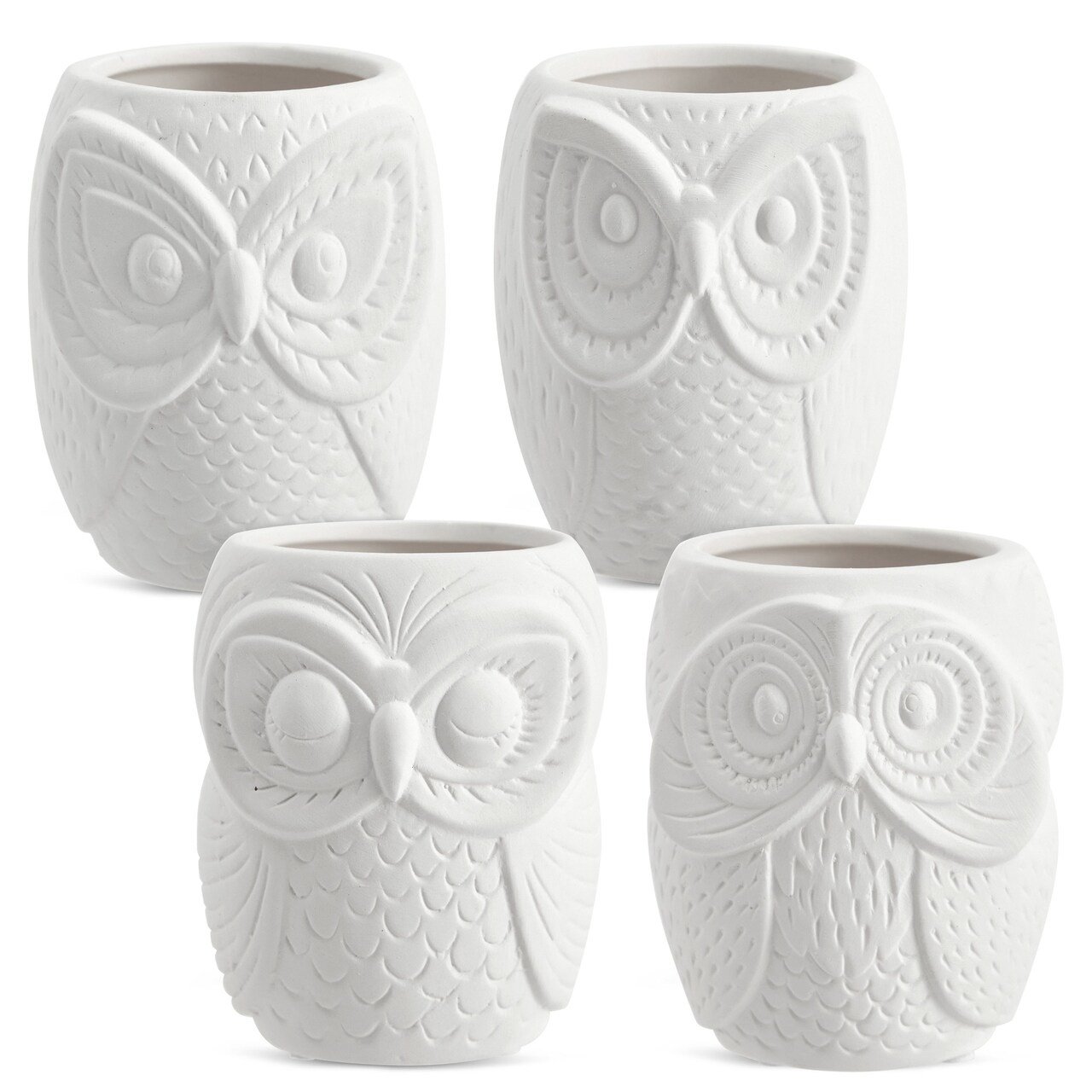Set of 4 Paint Your Own Owl Succulent Planters - Blank Paintable Flower Pots with Drainage Holes, Rubber Plugs, 12 Sticker Pot Pads - Ceramics Pottery to Paint for Adults (4 Designs)